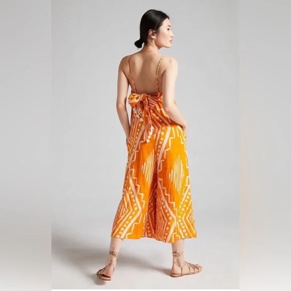NWT ANTHROPOLOGIE PLEATED WIDE-LEG JUMPSUIT IN ORANGE size L - Picture 3 of 10